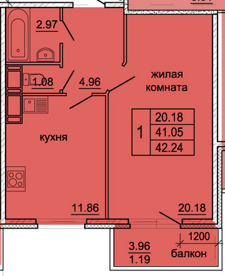 Однокомнатная квартира 42.24 м²