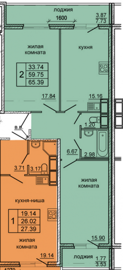 Двухкомнатная квартира 65.39 м²